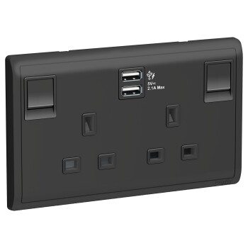 13A Twin Gang Switched Socket with 2.1A USB, Matt Black - Schneider Electric