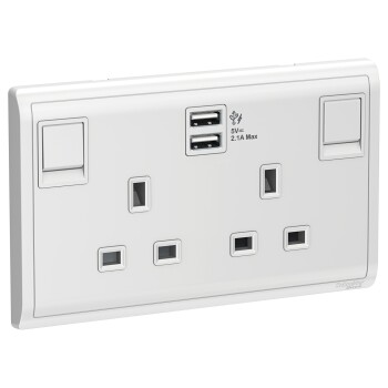 13A Twin Gang Switched Socket with 2.1A USB, White - Schneider Electric