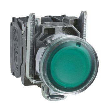 Harmony XB4, Illuminated push button, metal, flush, green, Ø22, spring return, 230...240 V AC, 1 NO + 1 NC - Schneider Electric