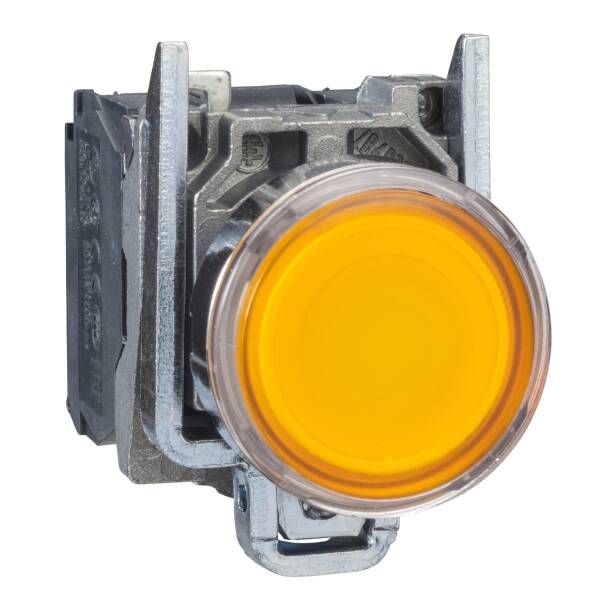 Harmony XB4, Illuminated push button, metal, flush, orange, Ø22, spring return, <lt/>= 250 V, 1 NO + 1 NC - 1