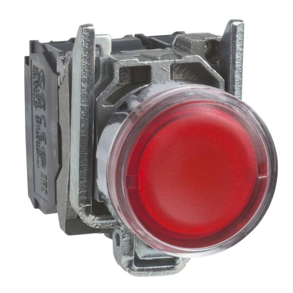 Harmony XB4, Illuminated push button, metal, flush, red, Ø22, spring return, 230...240 V AC, 1 NO + 1 NC - 1