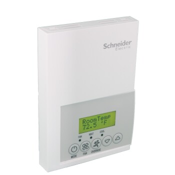 Low-Voltage Fan Coil Room Controller: BACnet MS/TP, RH sensor & control, Floating or on-off, Commercial/Override - Schneider Electric