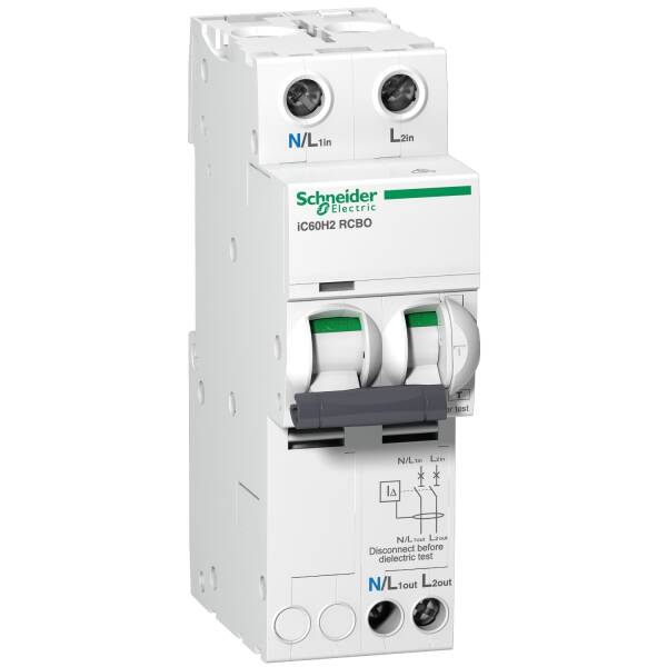 Residual current breaker with overcurrent protection (RCBO), Acti9 iC60H2 RCBO, 2P, 20A, 30mA, A type, 10000A - 1